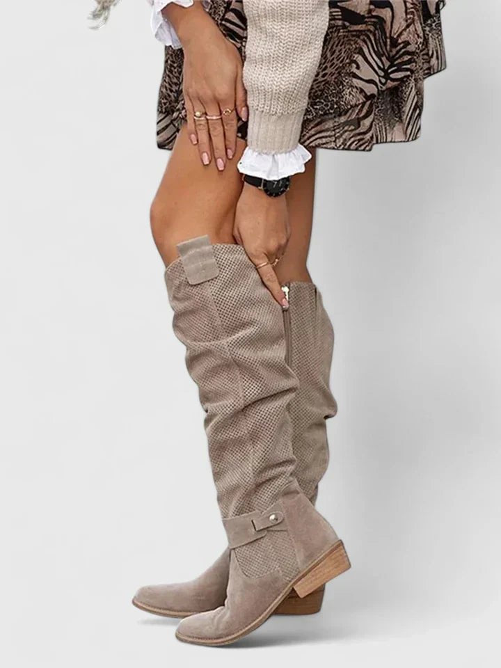 Women's Suede Knee-High Boots - Khaki