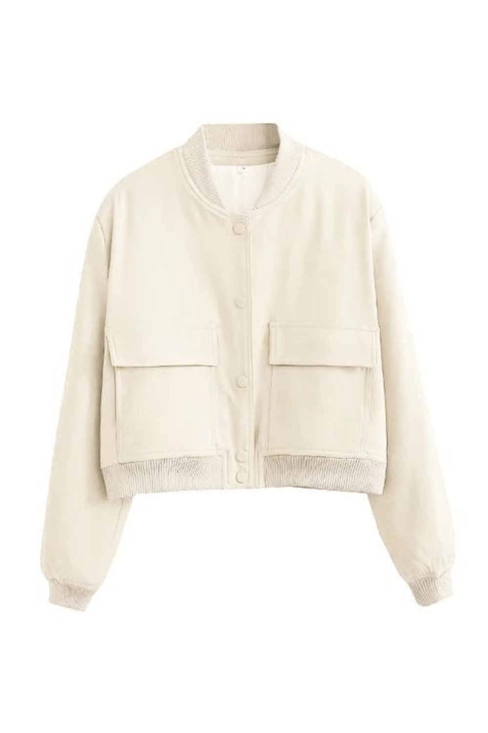 Women's Cropped Faux Leather Bomber Jacket - Beige