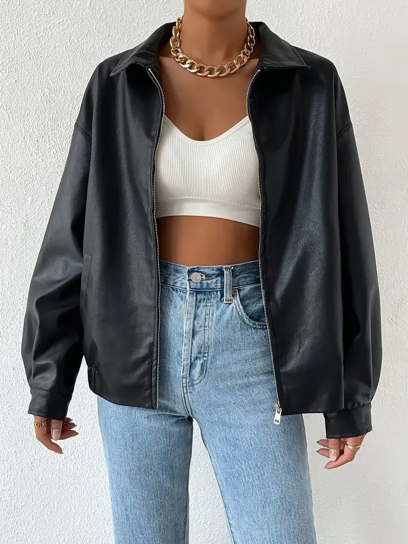 Women's Faux Leather Oversized Jacket - Black
