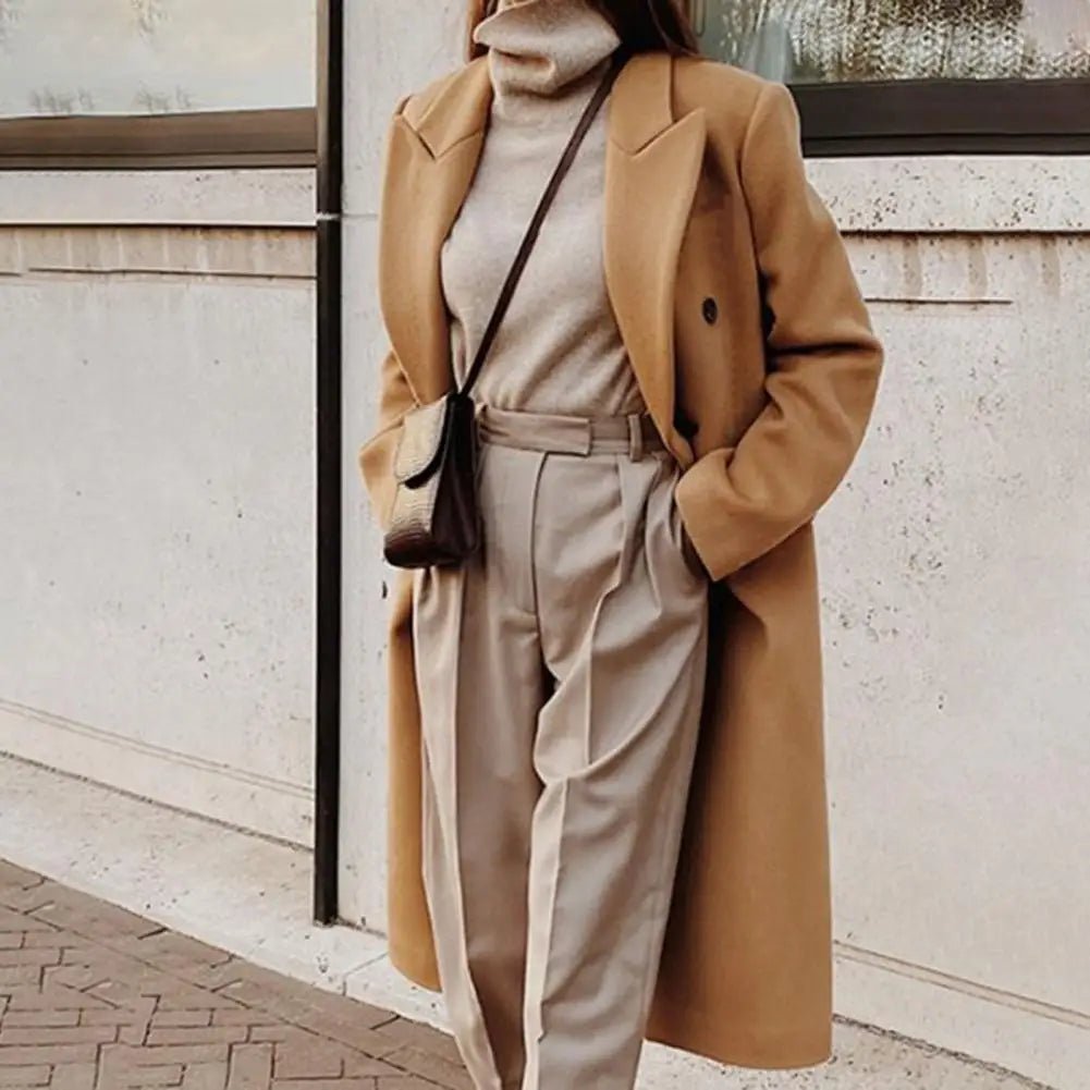 Women's Double-Breasted Belted Wool Overcoat - Khaki