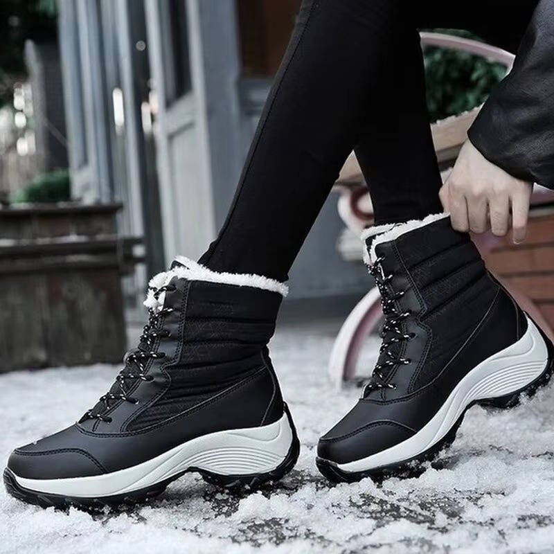 Women's Faux Leather Waterproof Platform Snow Ankle Boots - Black A