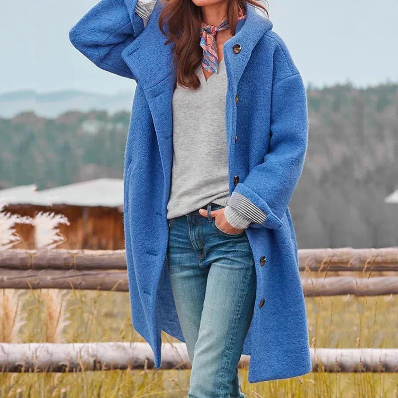 Women's Oversized Hooded Longline Wool Coat - Blue