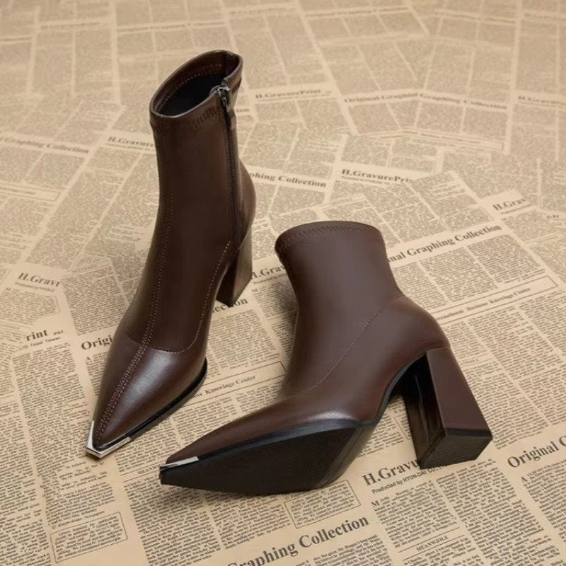 Women's Pointed-Toe Faux Leather Ankle Boots - Brown