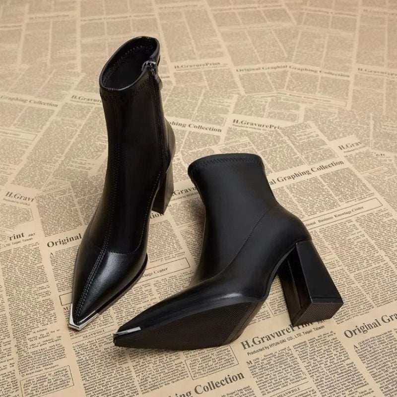 Women's Pointed-Toe Faux Leather Ankle Boots - Black