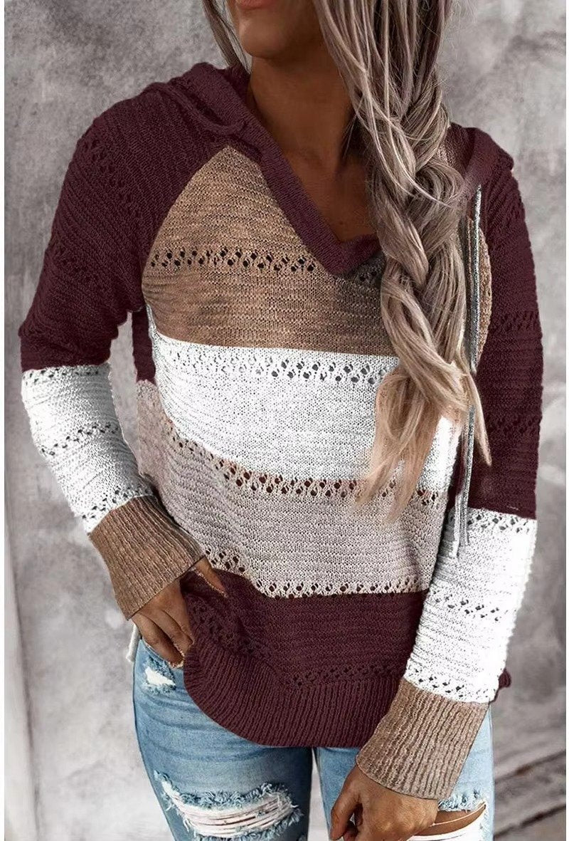 Women's Striped Knit Hoodie - Burgundy
