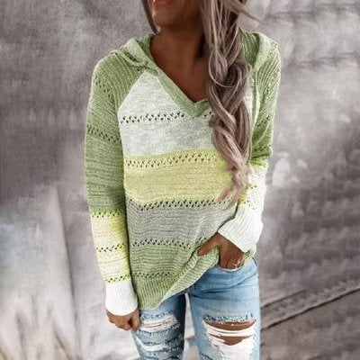 Women's Striped Knit Hoodie - Green