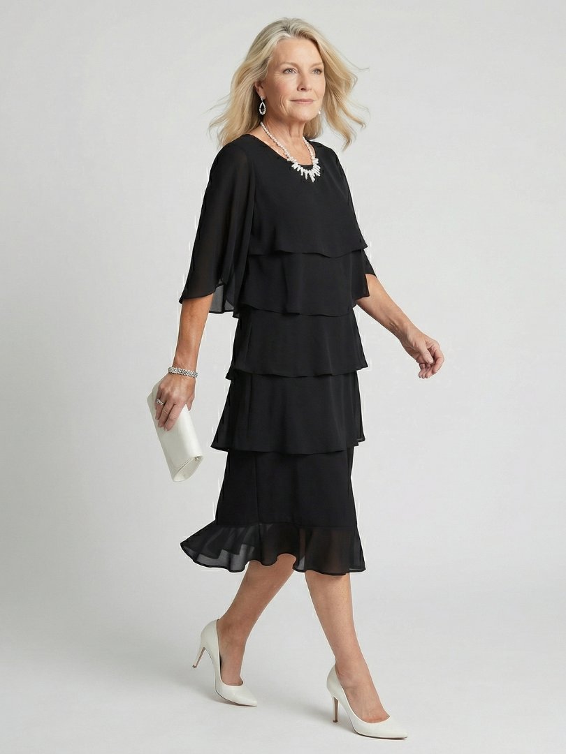 Women's Black Chiffon Tiered Midi Party Dress