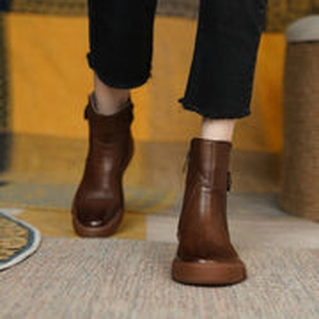 Women's Leather Buckle Ankle Boots - brown