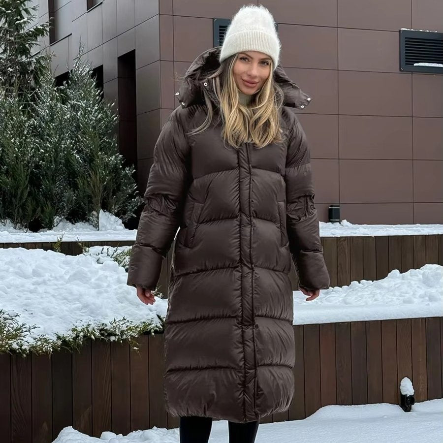 Women's Long Hooded Longline Puffer Coat - Coffee