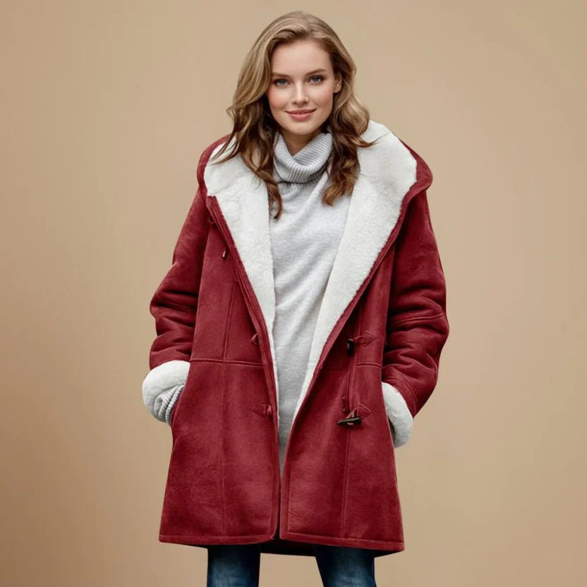Women's Oversized Lined Duffle Hooded Shearling Coat - Red