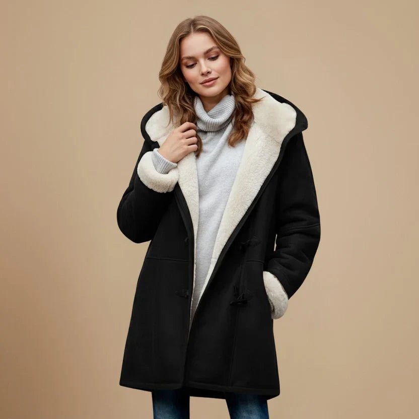 Women's Oversized Lined Duffle Hooded Shearling Coat