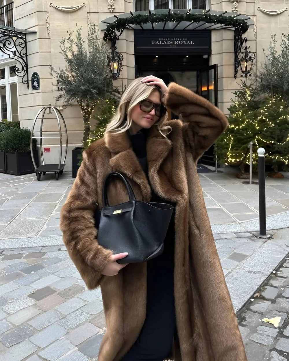 Women's Oversized Shawl-Collar Faux Fur Coat