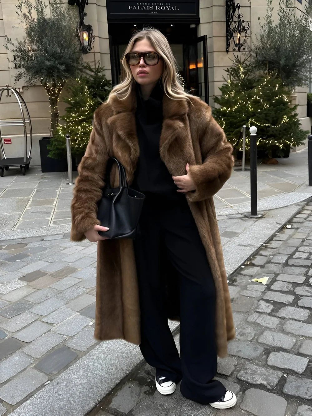 Women's Oversized Shawl-Collar Faux Fur Coat