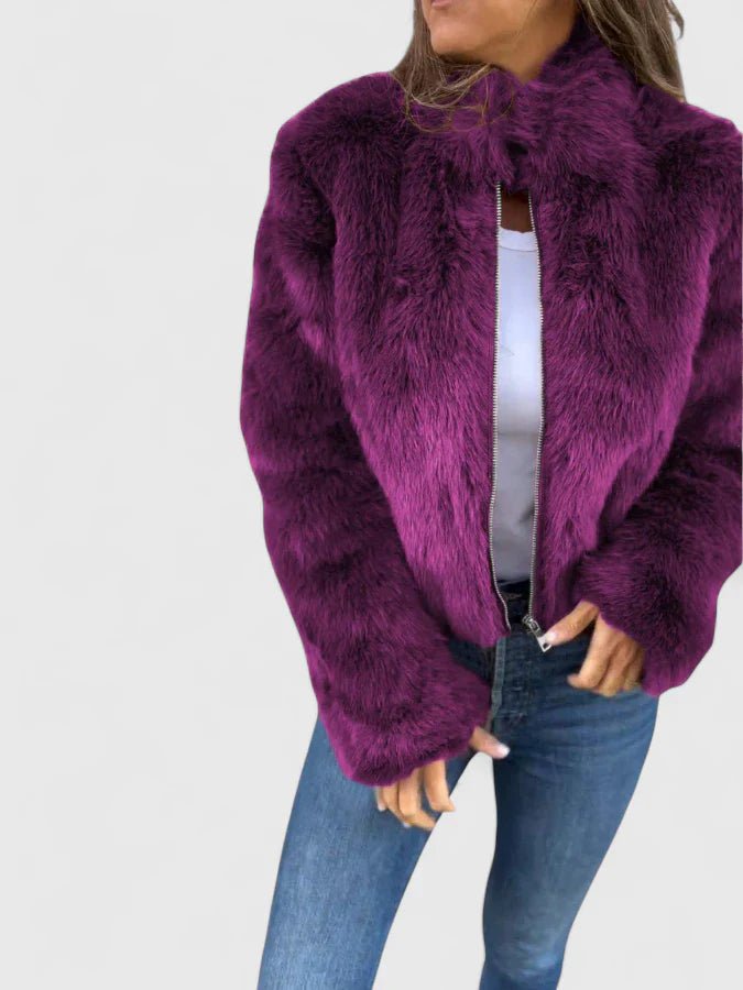 Women's Cropped Faux Fur Jacket - Purple