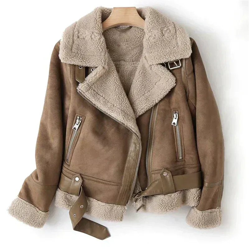 Women's Cropped Suede Aviator Belted Shearling Leather Jacket - Brown