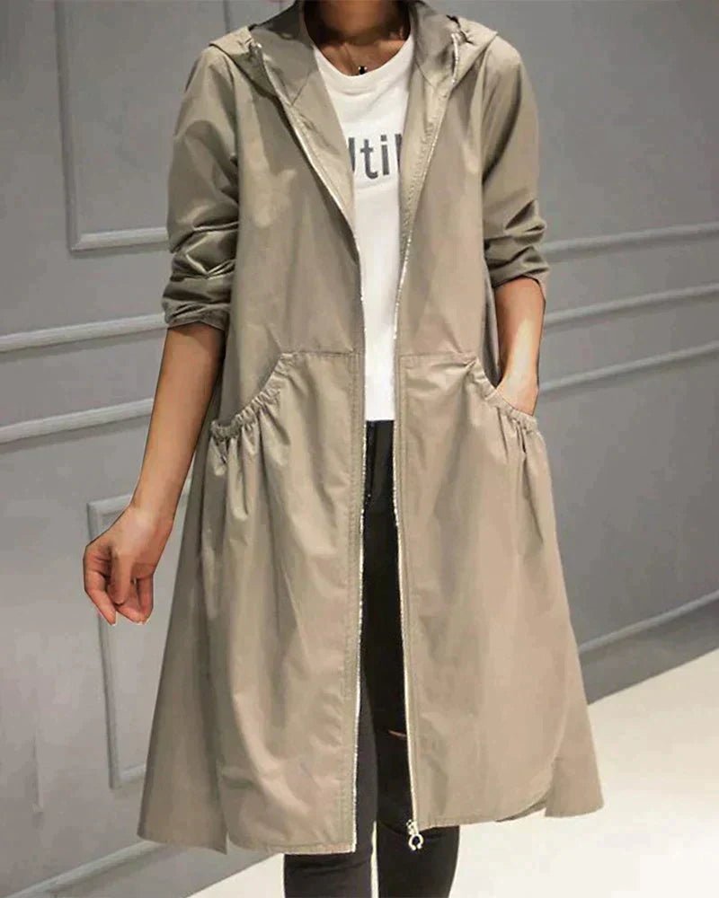 Women's Hooded Longline Trench Coat - Beige