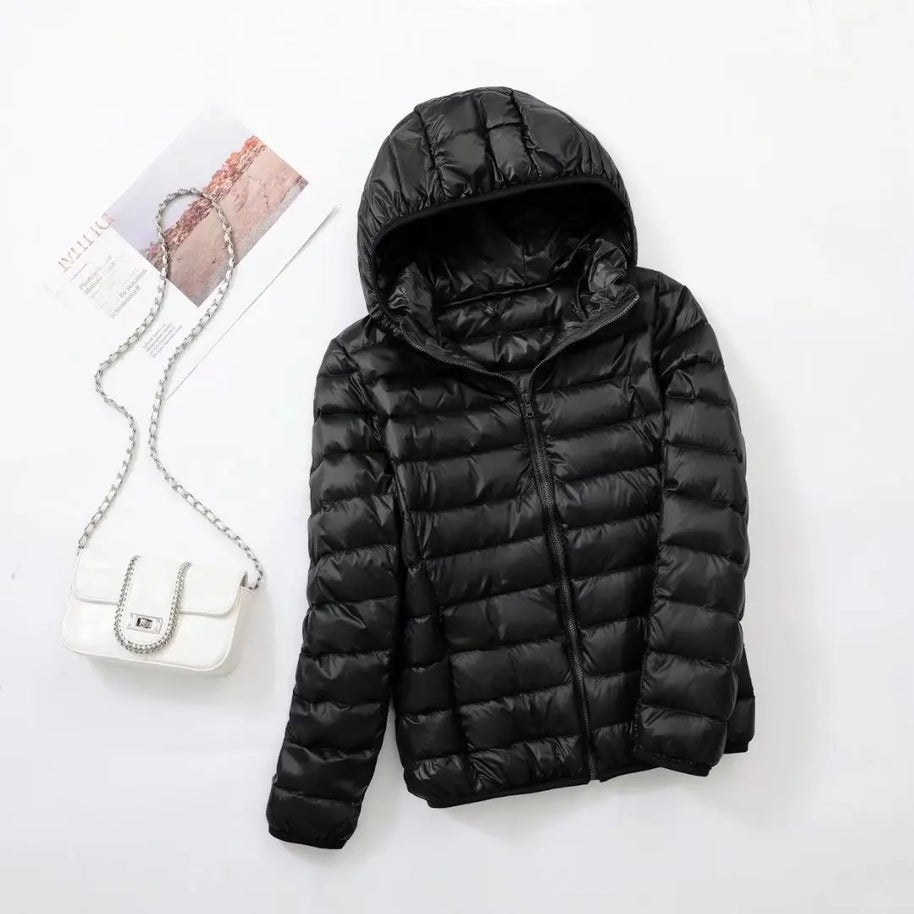 Women's Hooded Packable Puffer Jacket - Black