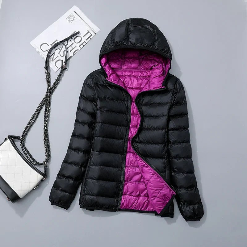 Women's Hooded Packable Puffer Jacket - Black Purple