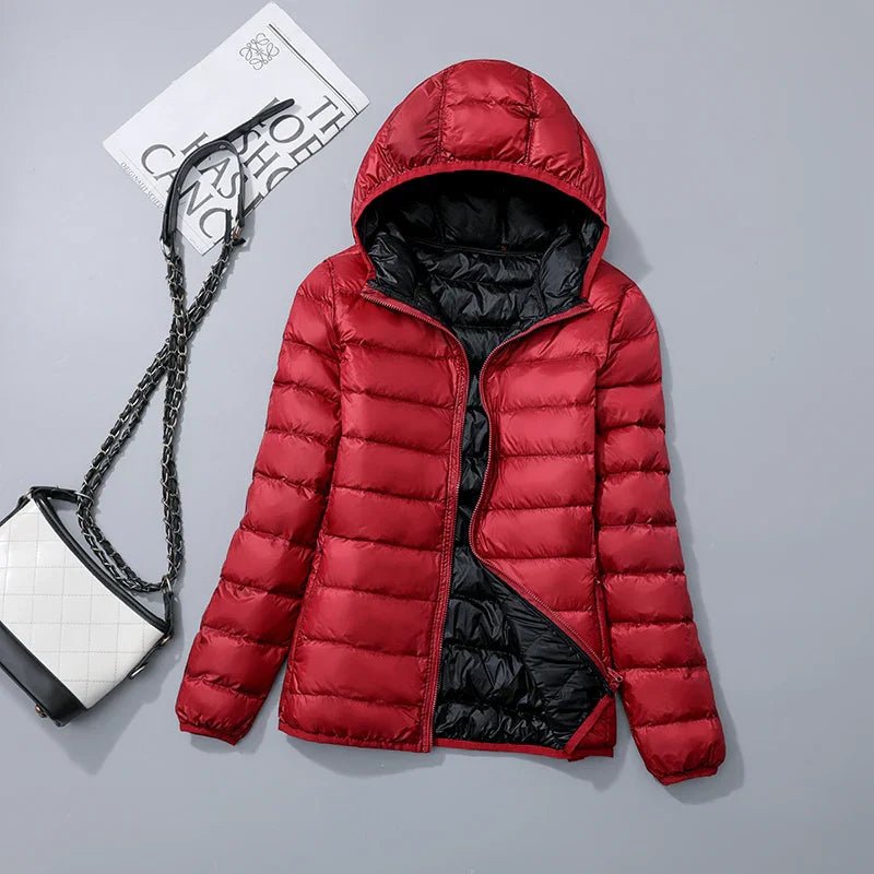 Women's Hooded Packable Puffer Jacket - Red Dark Blue