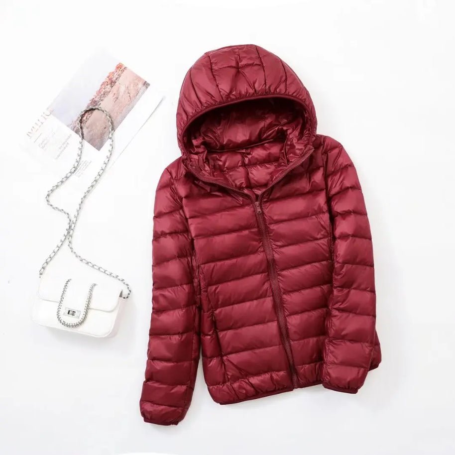 Women's Hooded Packable Puffer Jacket - Wine Red