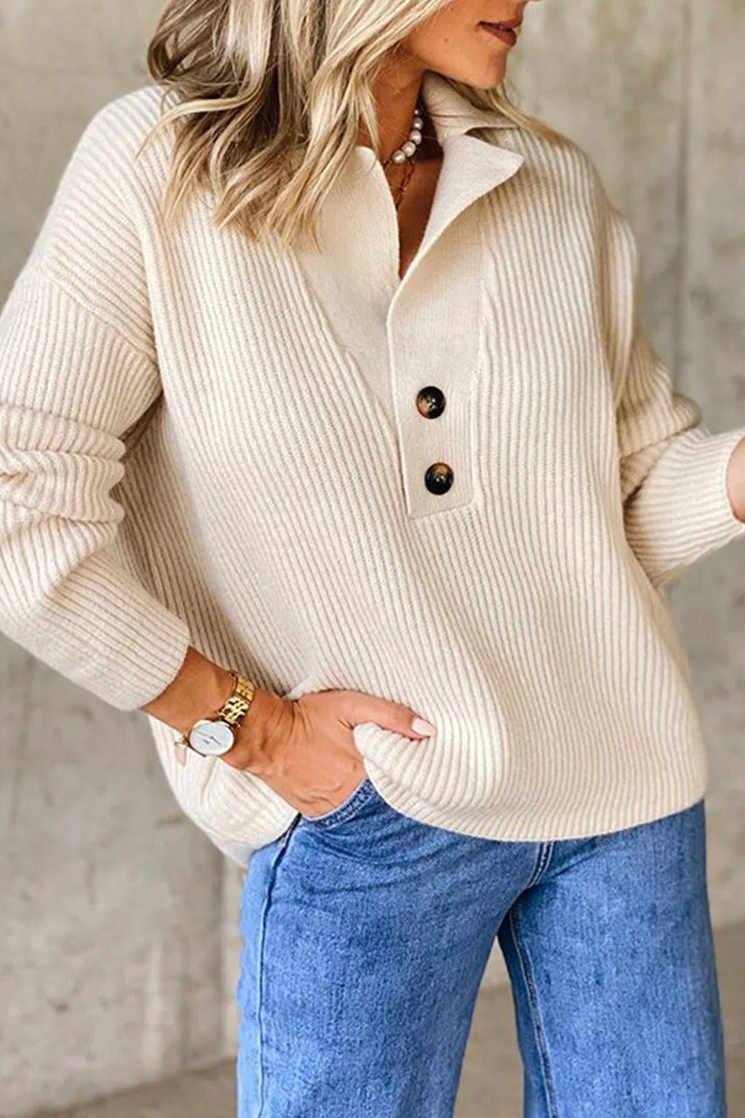 Women's Knit Button-Placket Ribbed V-Neck Jumper - Apricot