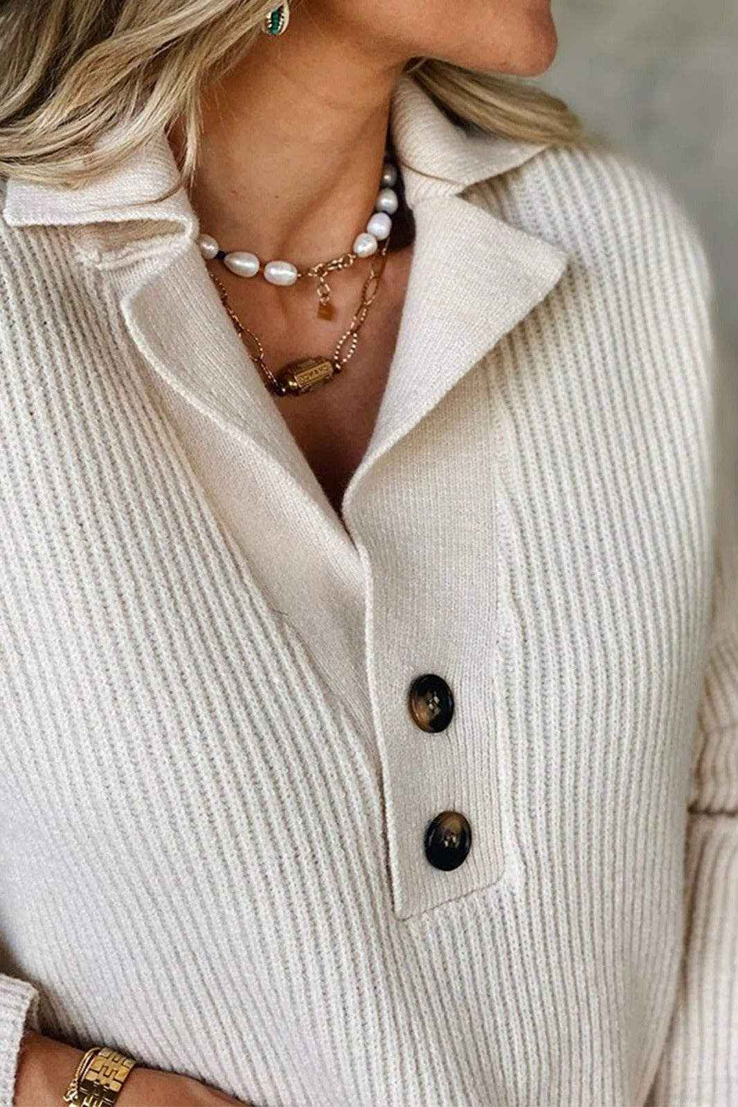 Women's Knit Button-Placket Ribbed V-Neck Jumper