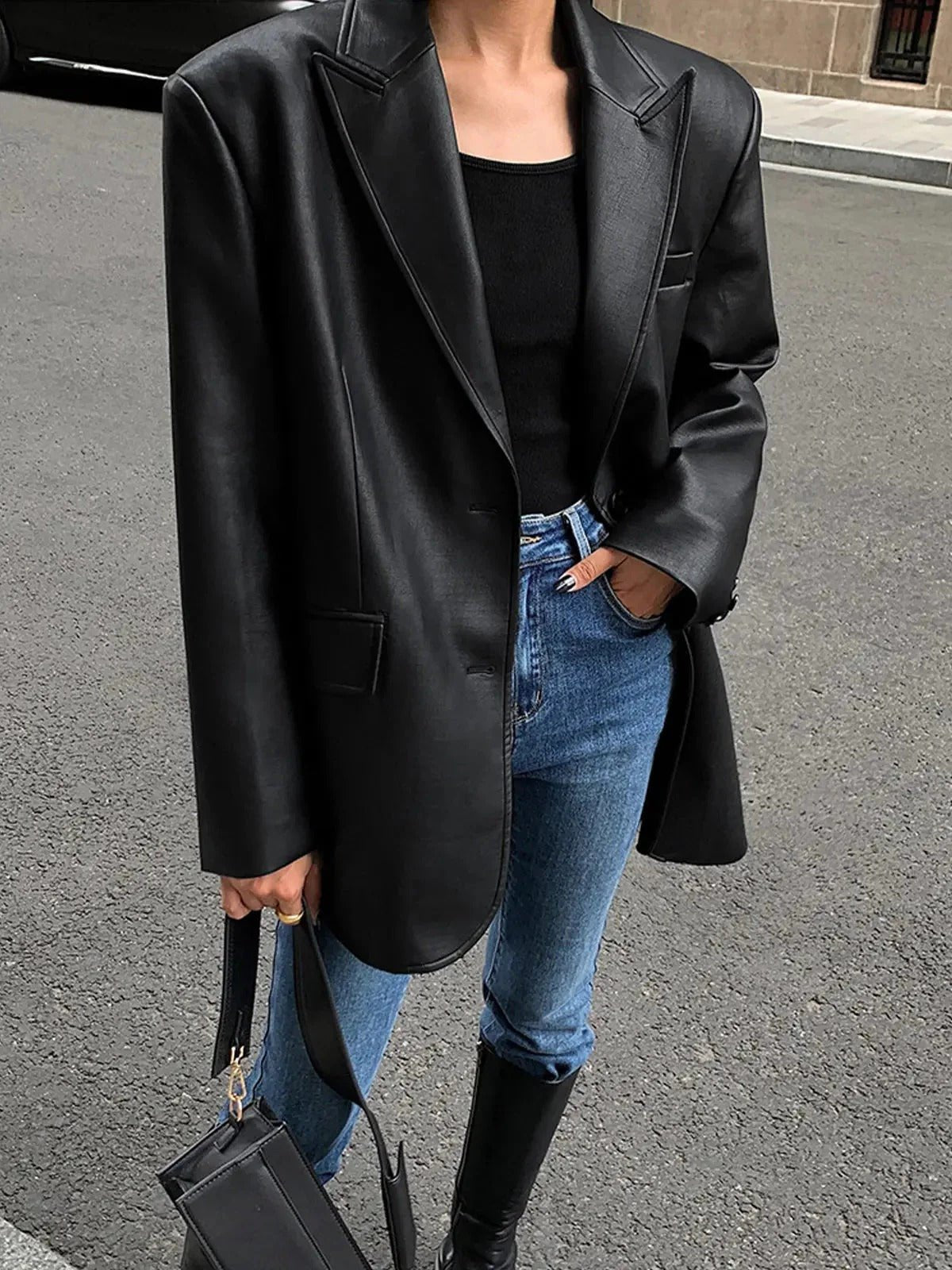 Women's Oversized Faux Leather Blazer - Black