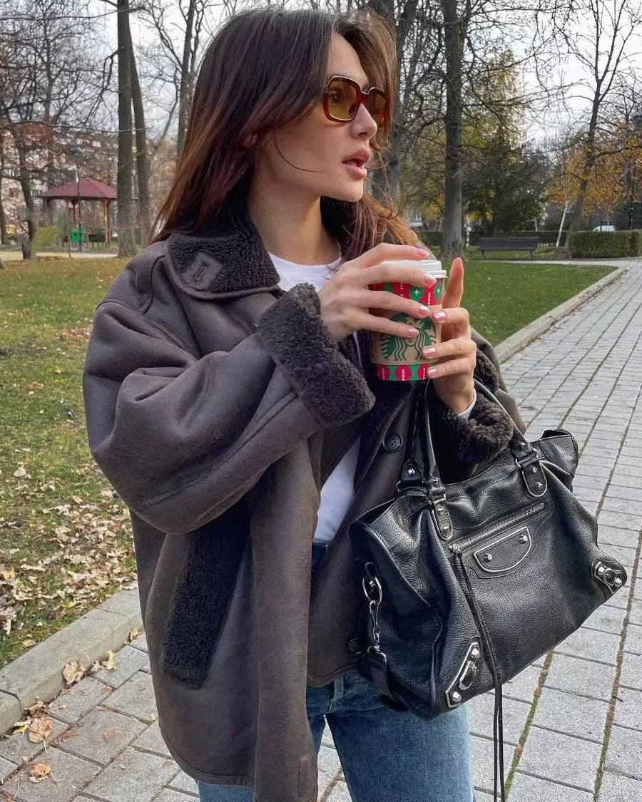 Women's Oversized Suede Moto Teddy Leather Jacket