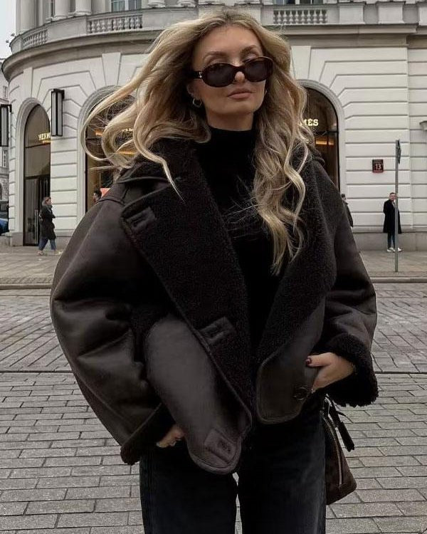Women's Oversized Suede Moto Teddy Leather Jacket