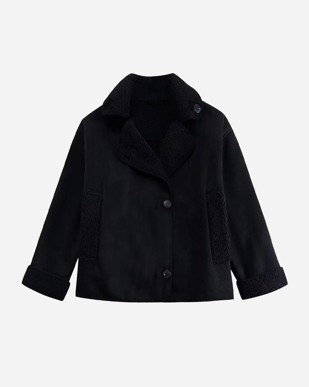 Women's Oversized Suede Moto Teddy Leather Jacket - Black
