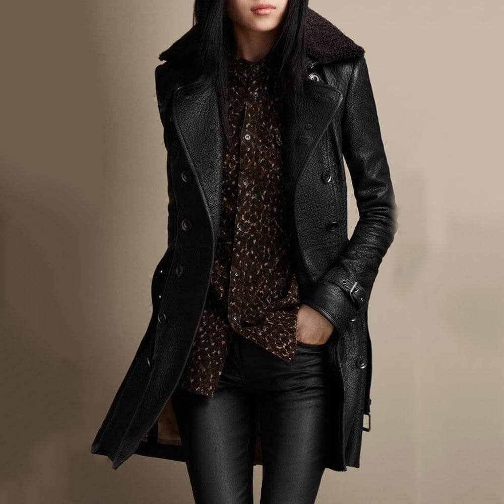 Women's Belted Longline Shearling Leather Trench Coat - Black