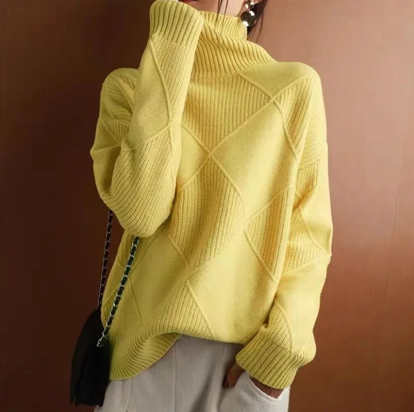Women's Chunky Argyle Cashmere Roll Neck Jumper - Yellow