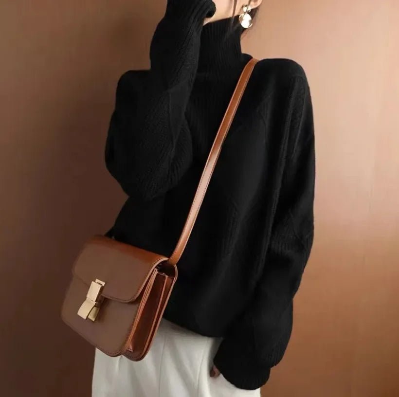 Women's Chunky Argyle Cashmere Roll Neck Jumper - Black