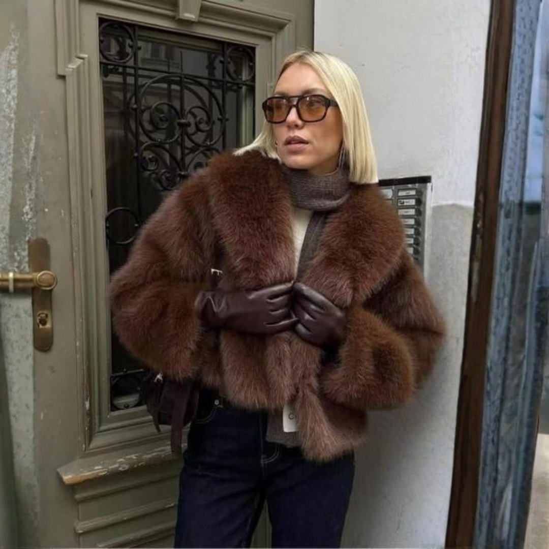 Women's Cropped Faux Fur Jacket - Brown