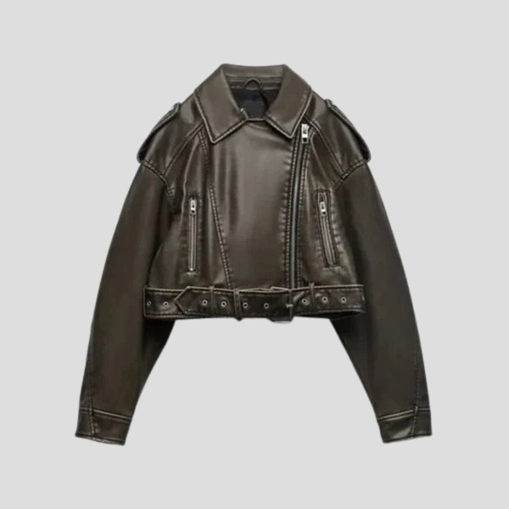 Women's Cropped Faux Leather Moto Belted Jacket - Green