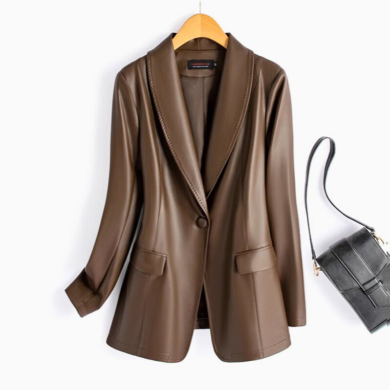 Women's Faux Leather Blazer - Tanned Brown