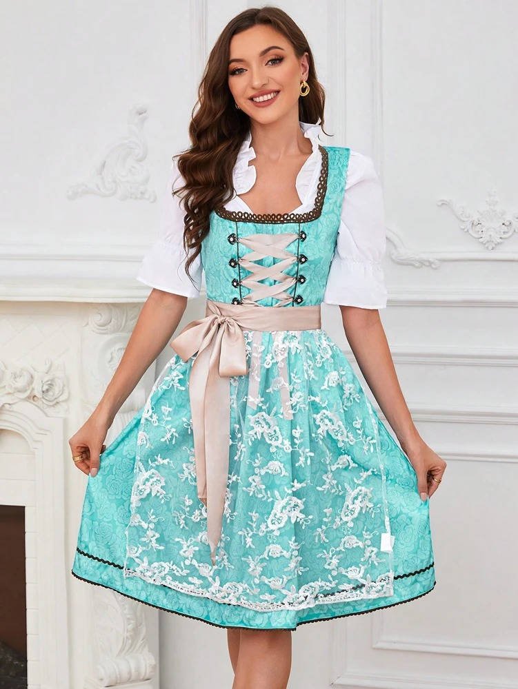 Women's Floral Lace Dirndl Dress - Turquoise Rose