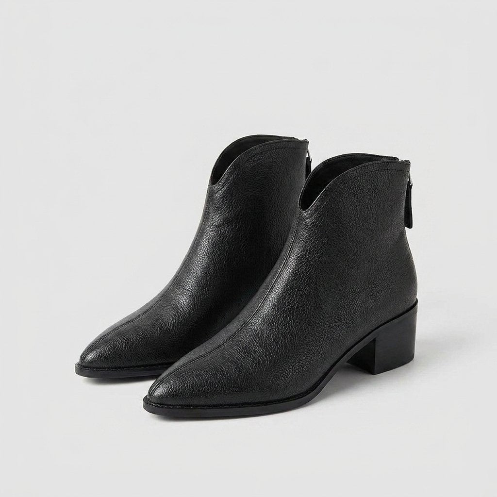 Women's Leather Pointed-Toe Ankle Boots - Black