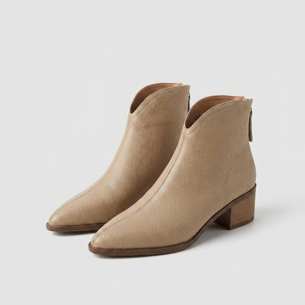 Women's Leather Pointed-Toe Ankle Boots - Beige