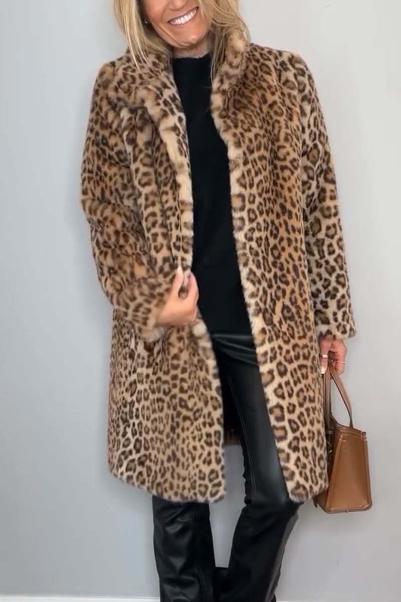 Women's Leopard Print Longline Faux Fur Coat - Khaki