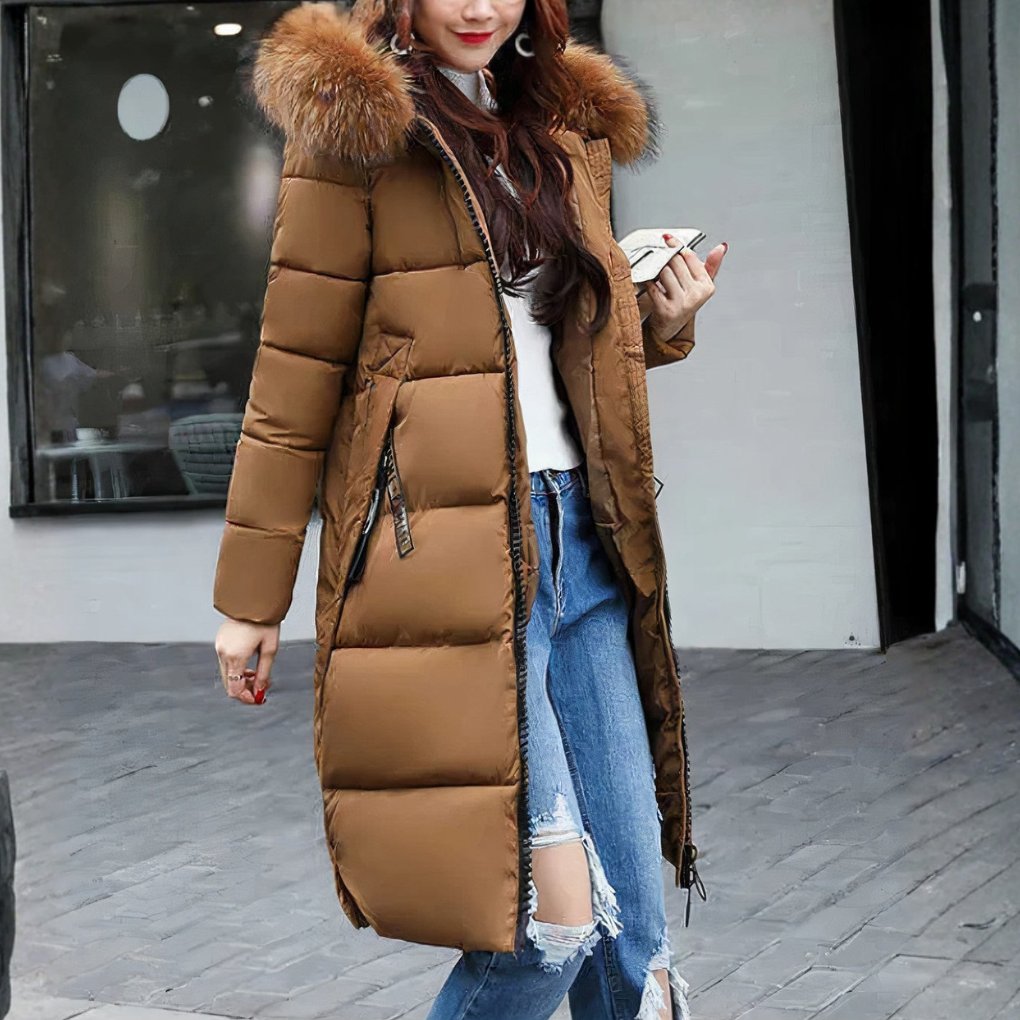 Women's Midi Longline Puffer Coat - Brown