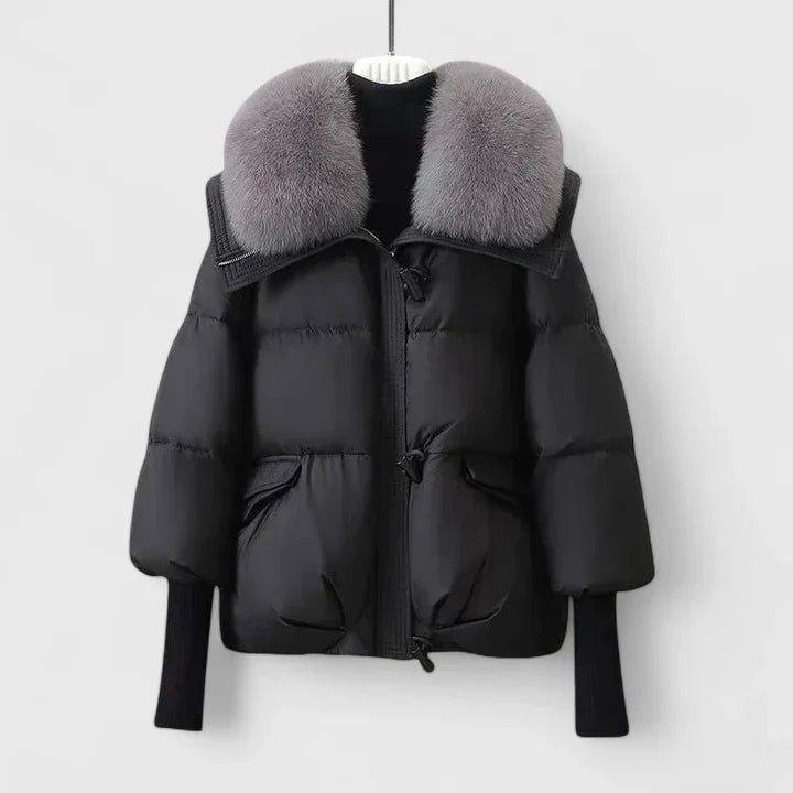 Women's Oversized Fur-Collar Faux Fur Puffer Jacket - Black