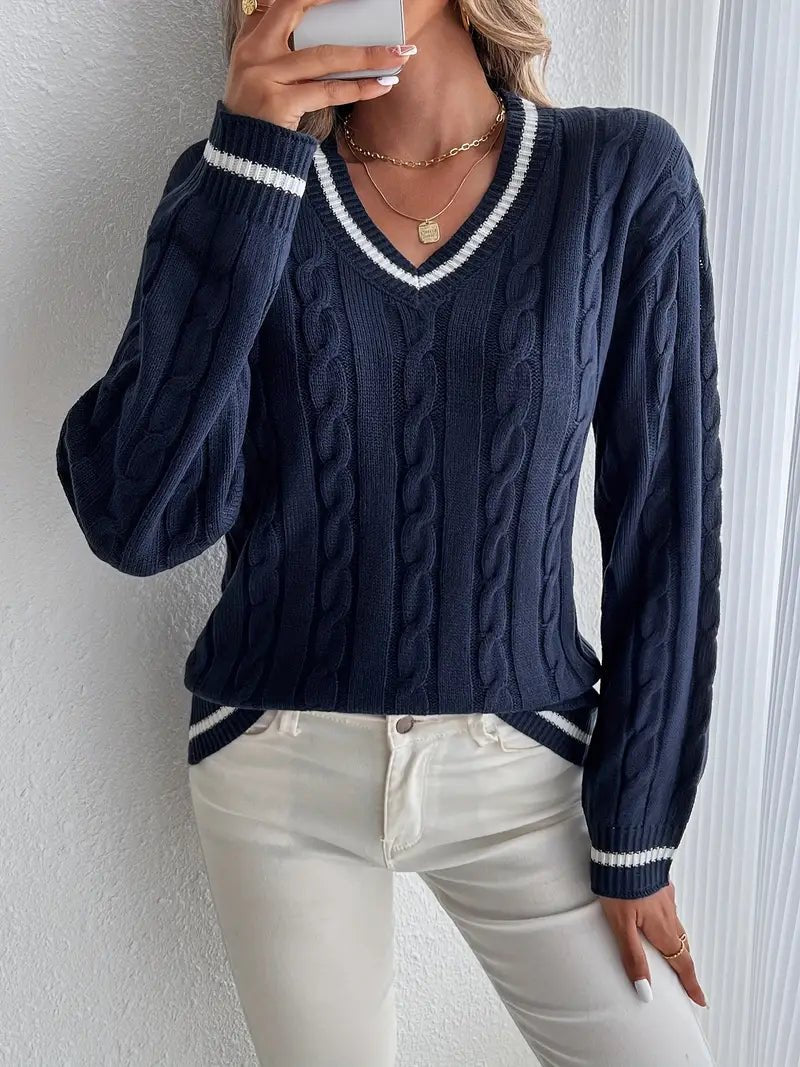 Women's Striped Cable Knit V-Neck Jumper - Navy Blue
