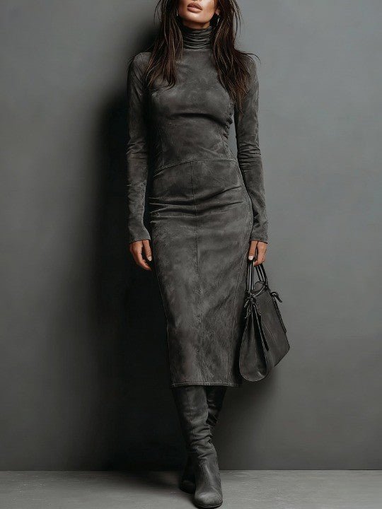 Women's Suede Bodycon Roll Neck Midi Dress - Dark Grey