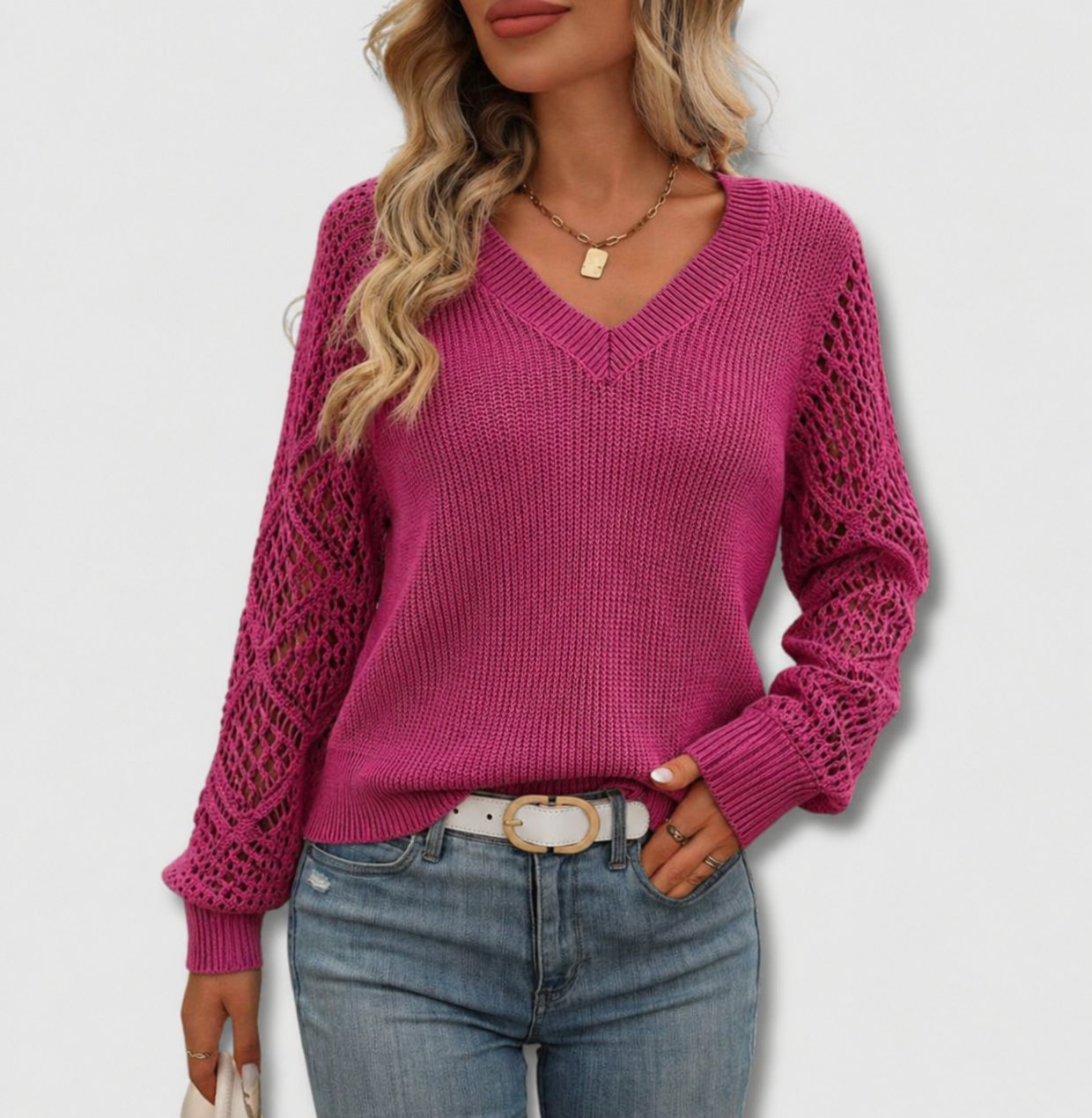 Women's Crochet-Sleeve V-Neck Jumper - Pink
