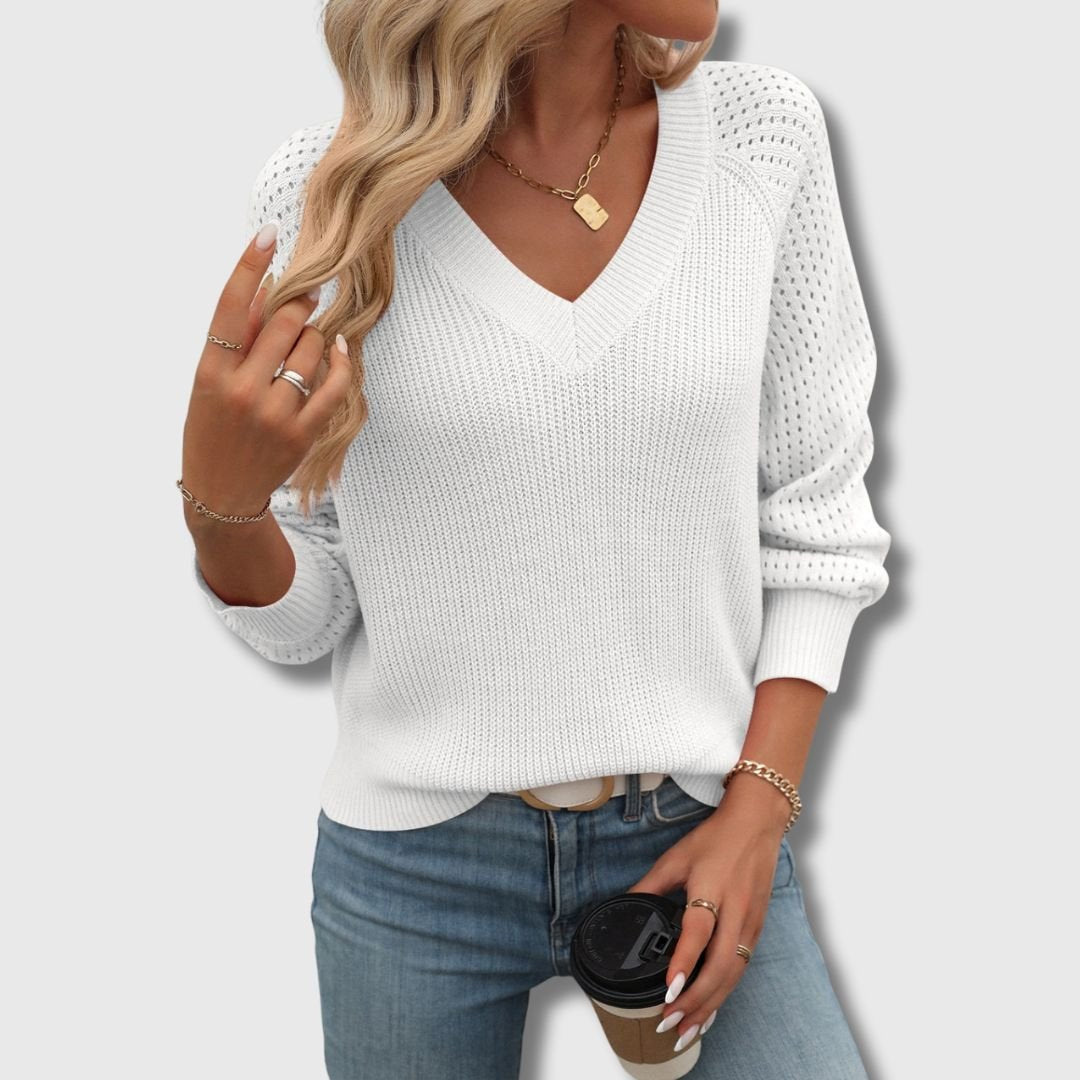 Women's Crochet-Sleeve V-Neck Jumper - White