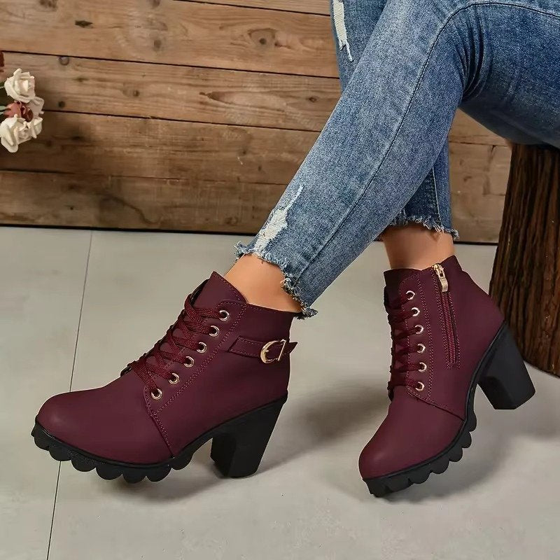 Women's Lace-Up Platform Ankle Boots - Wine Red
