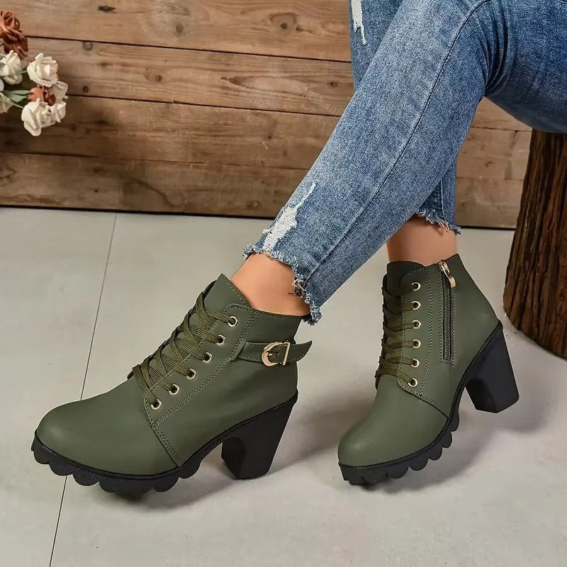 Women's Lace-Up Platform Ankle Boots - Army Green