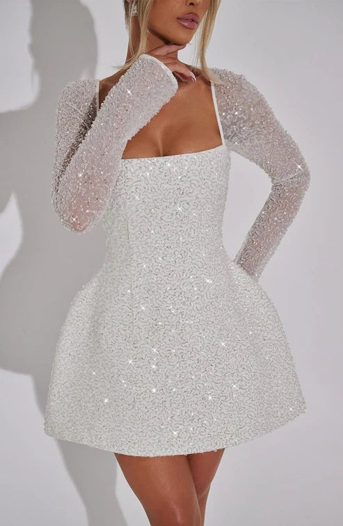 Women's Sequin Long Sleeve Mini Party Skater Dress