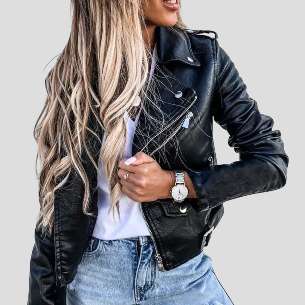 Women's Cropped Faux Leather Moto Jacket - Black